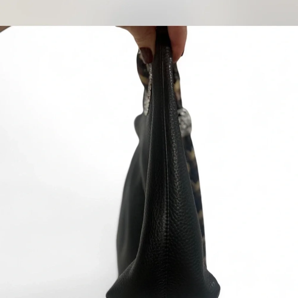 BRIGHTON Black Pebbled Leather Slouchy Hobo Bag Braided Strap Boho Silver-tone